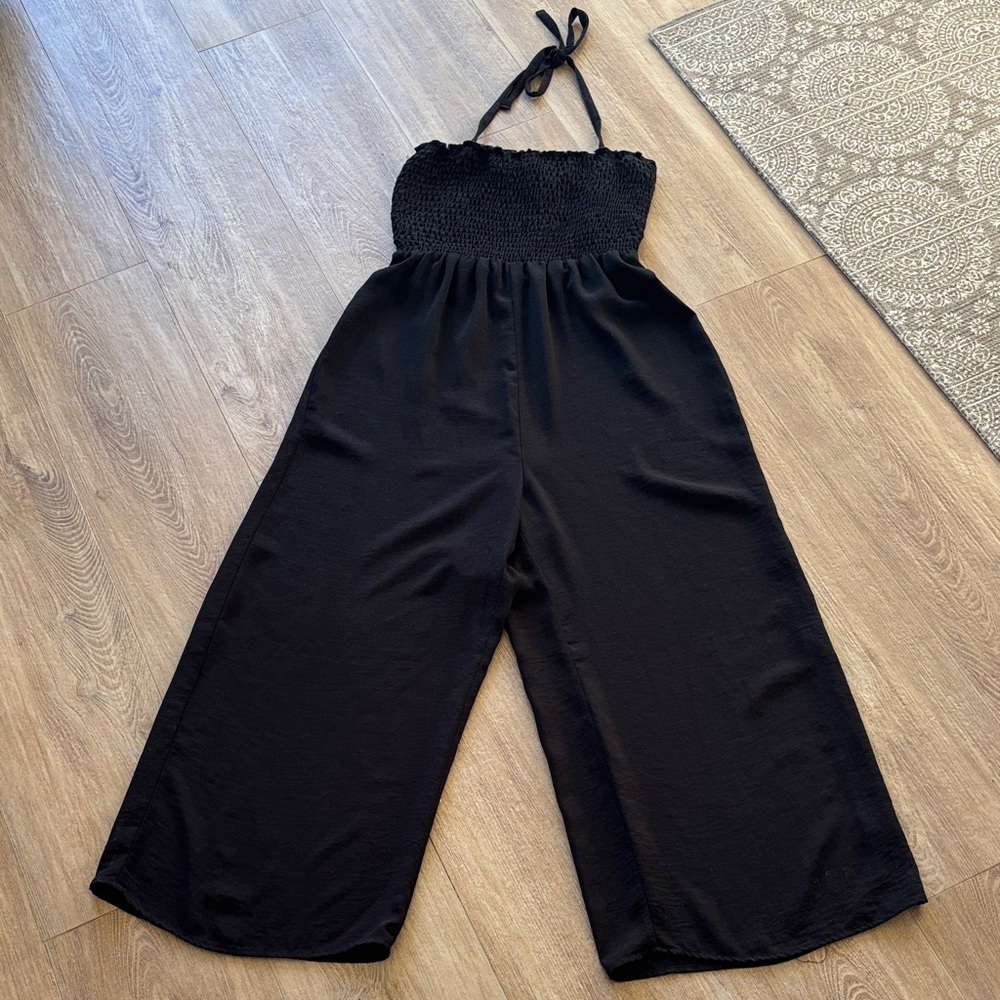 Mu Mu  Black Smocked Halter Wide-Leg Jumpsuit